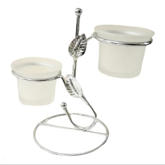 Frosted Glass Votive Candle Holders Silver Leaf accented Pedestal Stand 6 inch - Picture 3 of 5